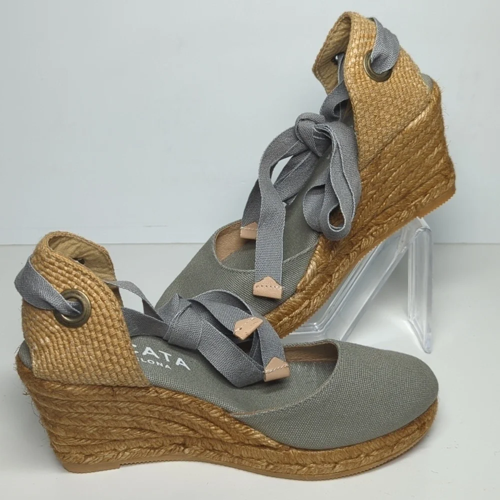 Viscata Sagaro Gray canvas espadrille wedge w/ ankle ties woman size 5.5-6 EU 36